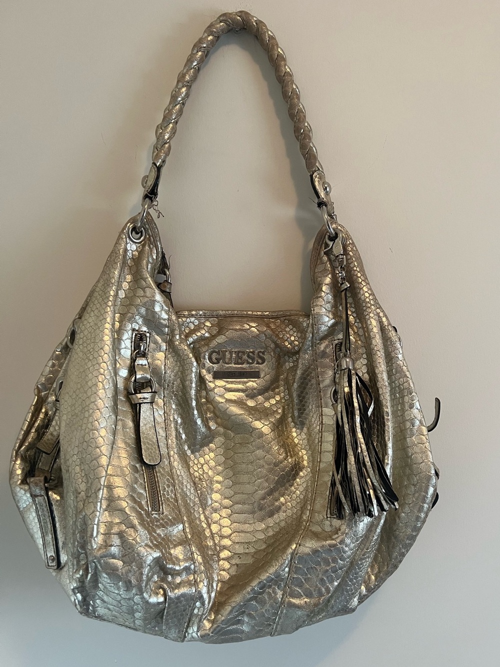 GUESS Metallic Gold Snake-Embossed Hobo Bag